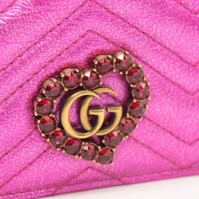 Gucci Metallic Calfskin Matelasse Crystal GG Marmont Wallet Fuchsia
