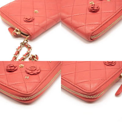 Chanel Lambskin Quilted Camellia Zip Around Wristlet Wallet Pink