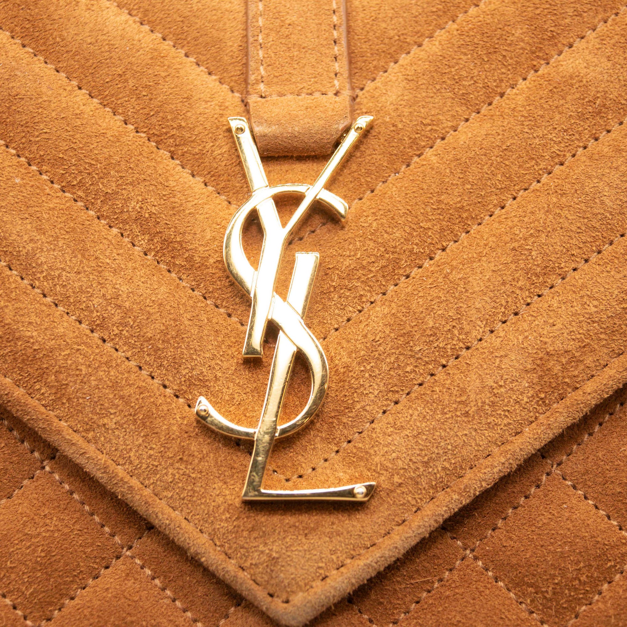 Saint Laurent Mixed Matelasse Triquilt Medium Monogram Satchel Brown Suede