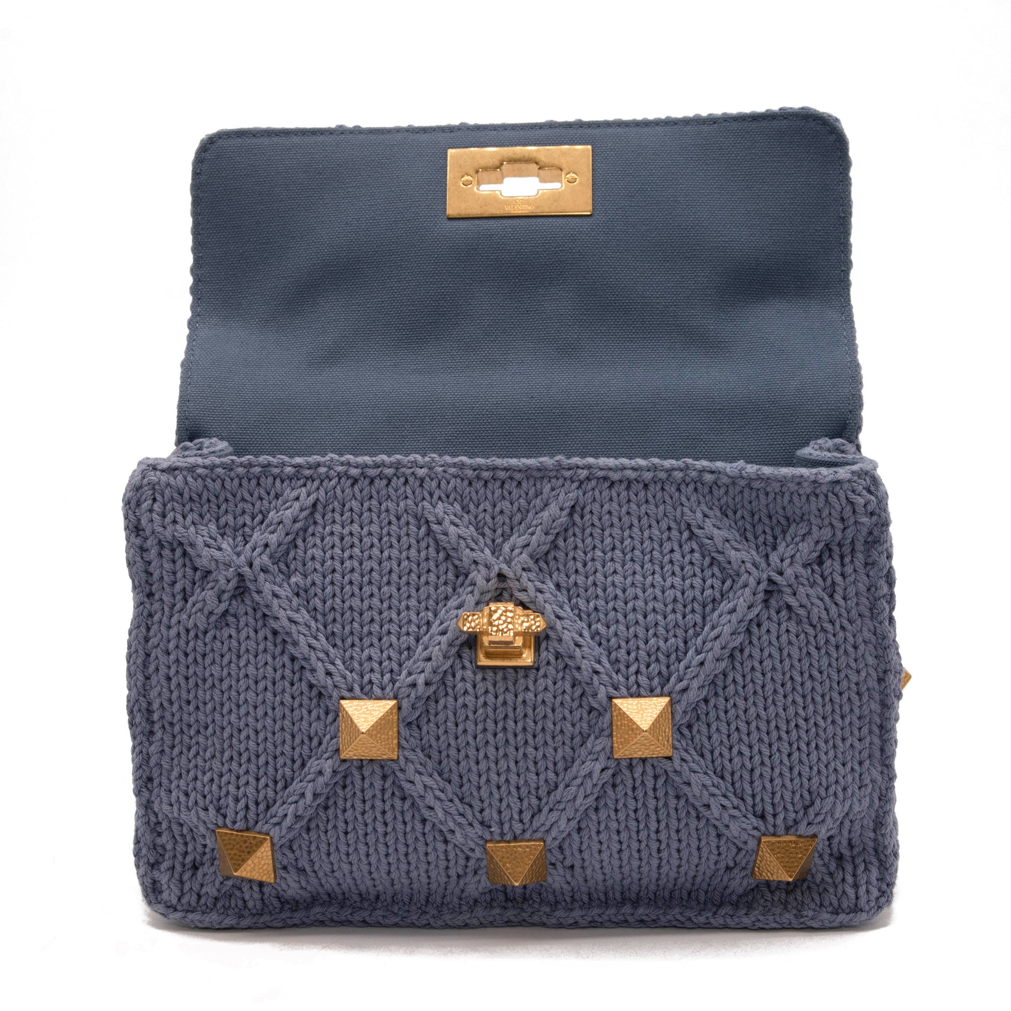 Valentino Roman Stud Knit Cotton Shoulder Bag Blue