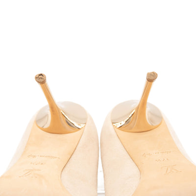 Louis Vuitton Peep Toe Suede Pumps Eyeline 37.5 Gold Heel - MyDesignerly