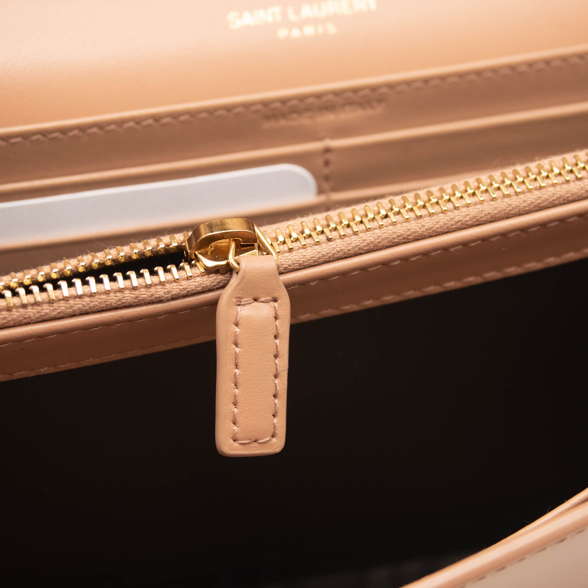 Saint Laurent Glossy Calfskin Monogram Chain Wallet Dark Beige