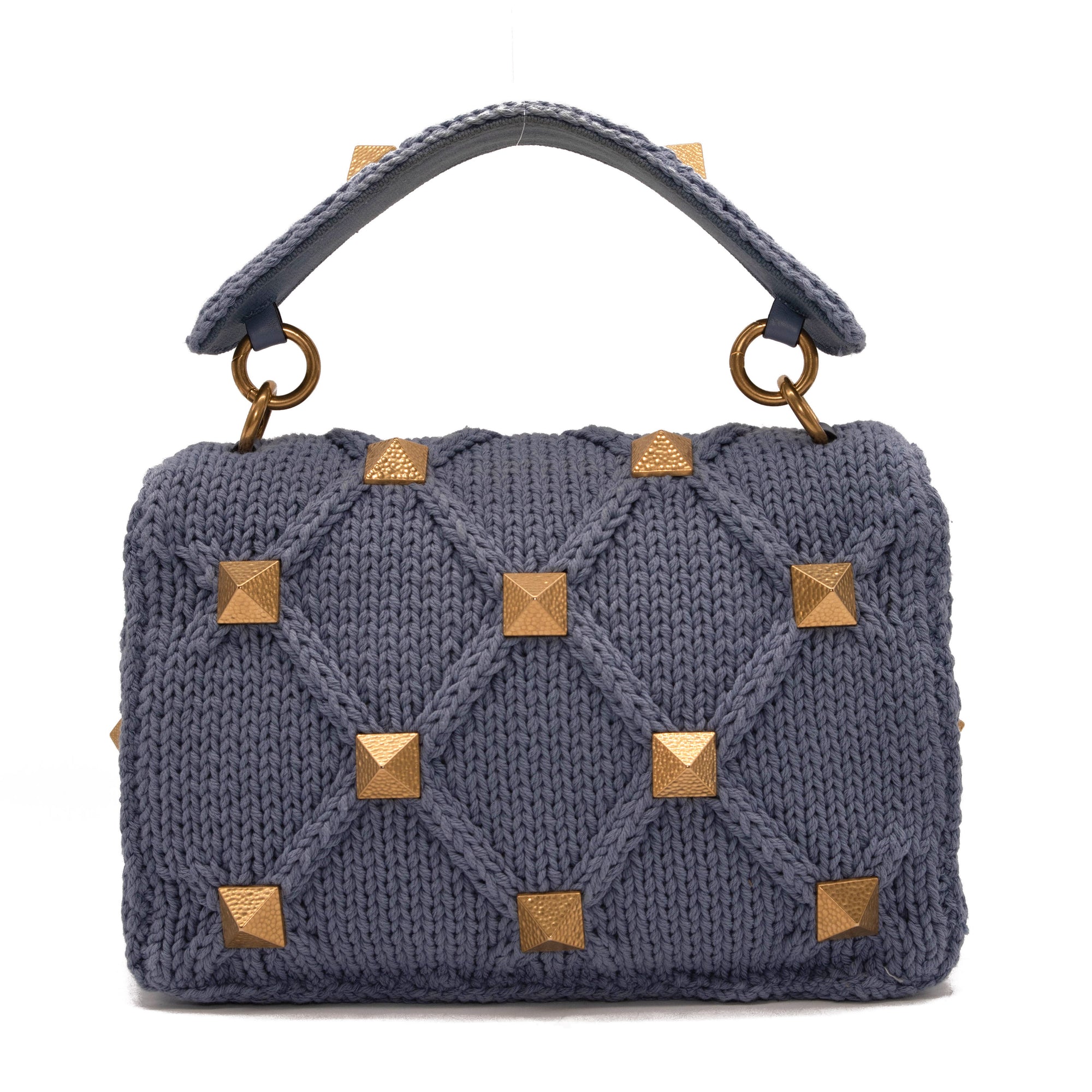 Valentino Roman Stud Knit Cotton Shoulder Bag Blue