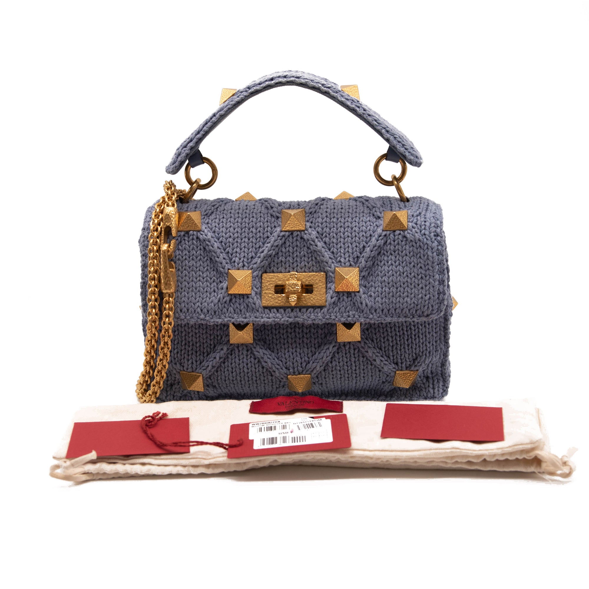 Valentino Roman Stud Knit Cotton Shoulder Bag Blue