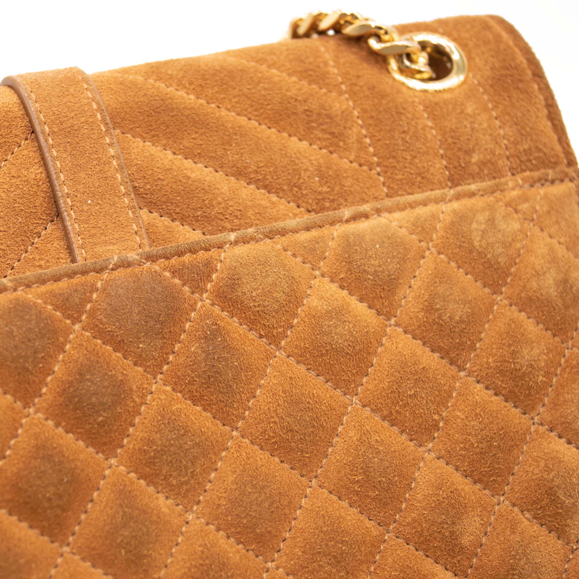 Saint Laurent Mixed Matelasse Triquilt Medium Monogram Satchel Brown Suede