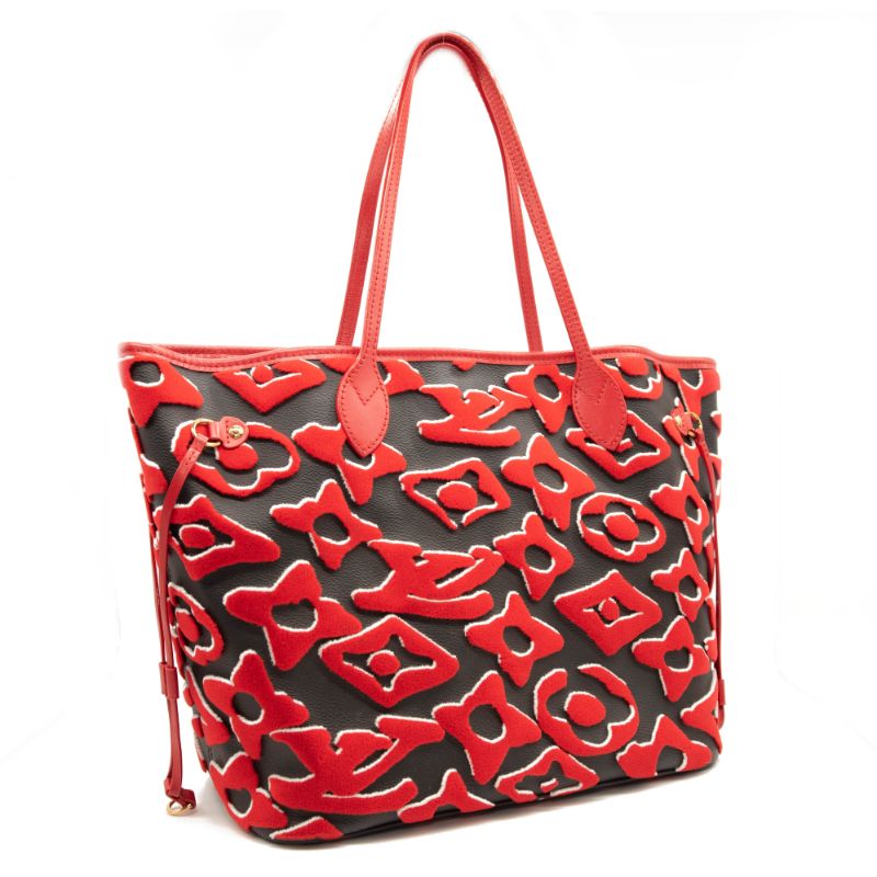 LOUIS VUITTON X UF Tufted Monogram Neverfull MM in Black and Red Tote
