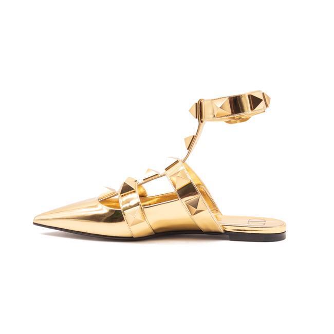 Valentino Gold Roman Ankle Strap Pointed Toe Brass Flats