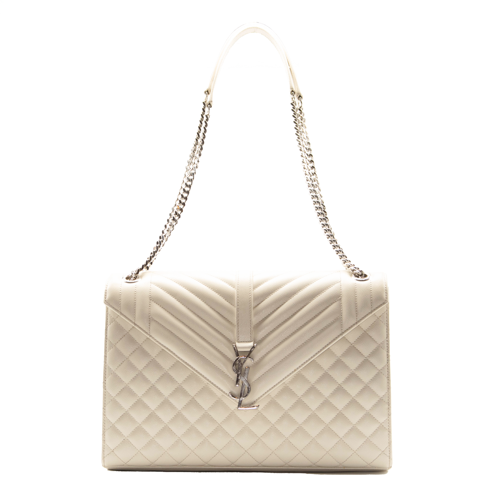 Saint Laurent Grain De Poudre Mixed Matelasse Large Triquilt Monogram Satchel Porcellana White