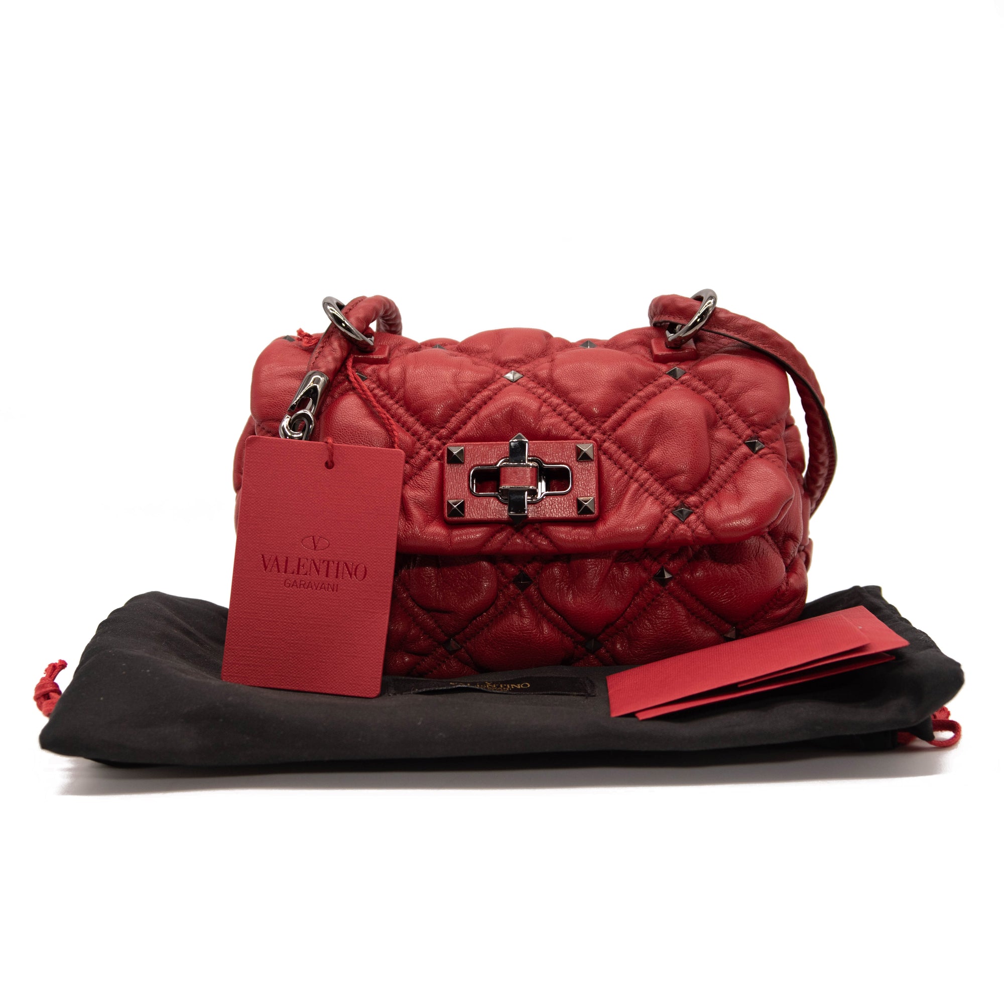Valentino Red Quilted Leather Spikeme Shoulder Bag at FORZIERI