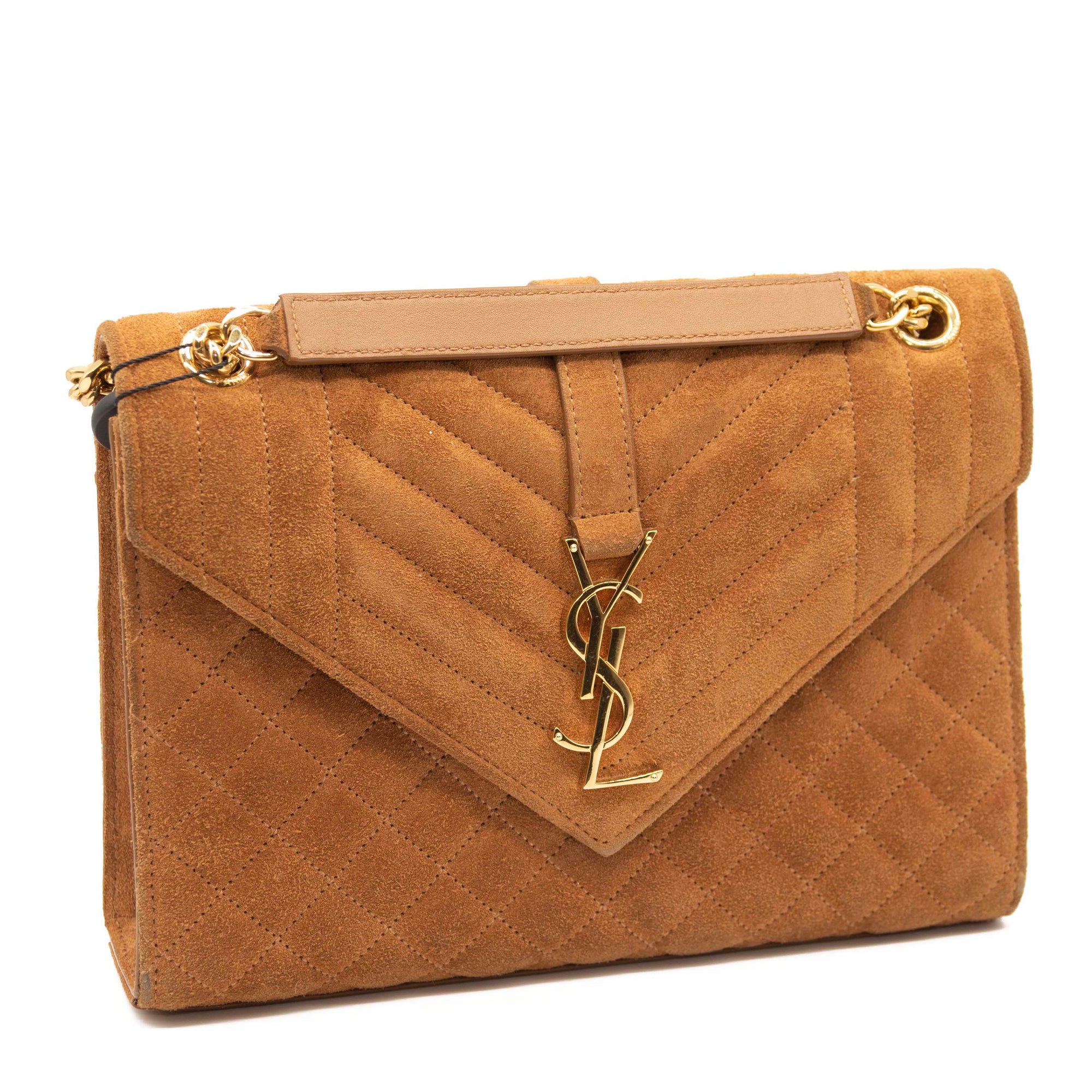 Saint Laurent Mixed Matelasse Triquilt Medium Monogram Satchel Brown Suede