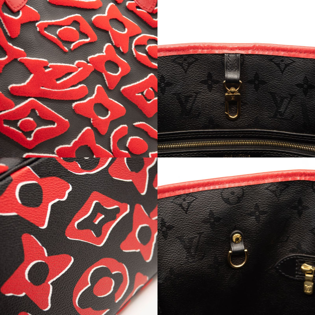 LOUIS VUITTON X UF Tufted Monogram Neverfull MM in Black and Red Tote