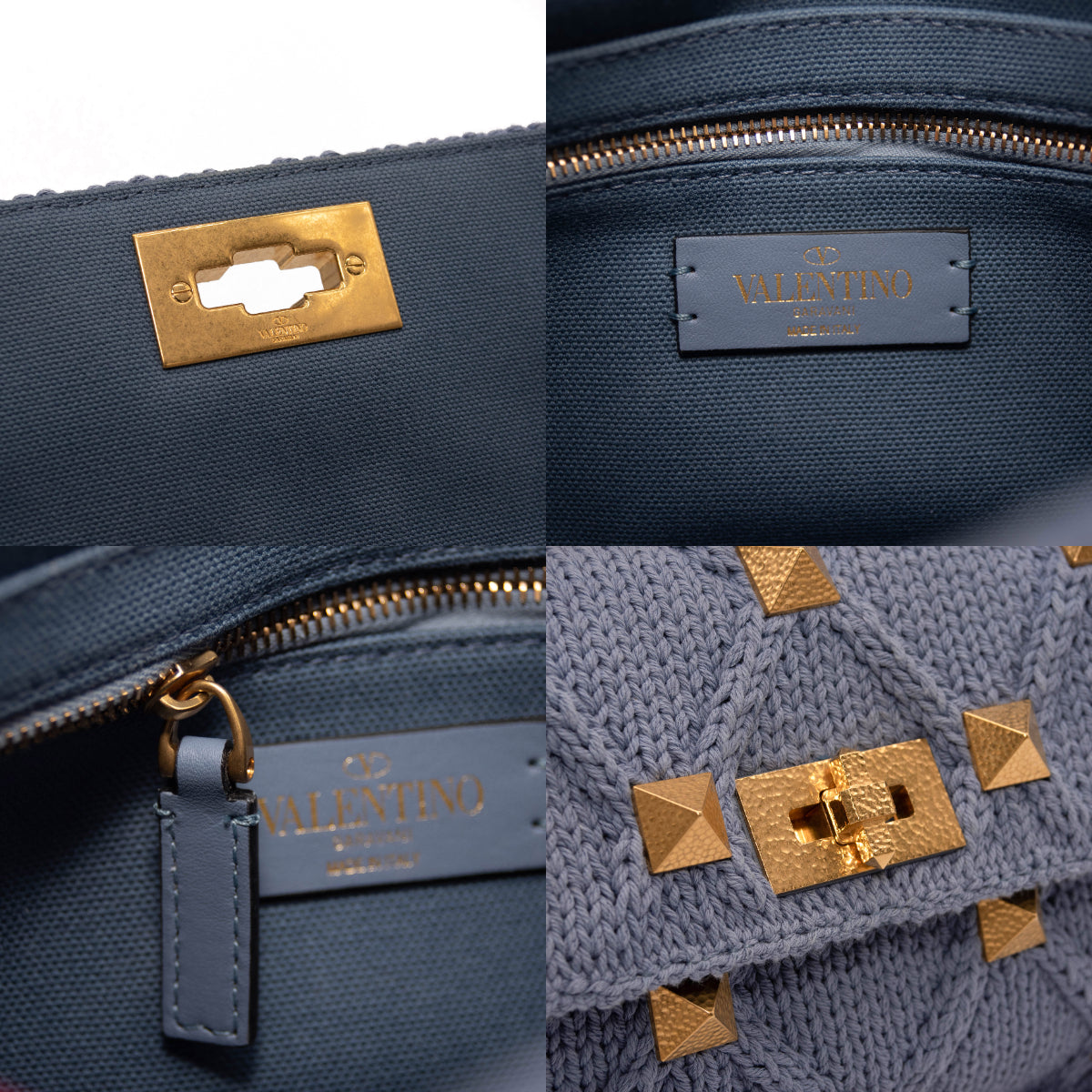 Valentino Roman Stud Knit Cotton Shoulder Bag Blue