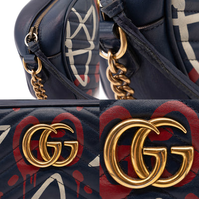 Gucci Marmont Calfskin Matelasse Guccighost Chain Blue Leather Shoulder Bag