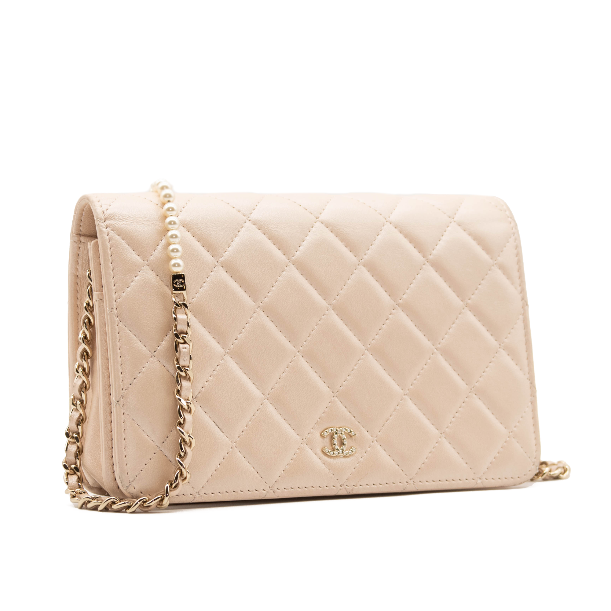 Chanel Iridescent Lambskin Quilted Pearl Wallet On Chain WOC Light Bei -  MyDesignerly