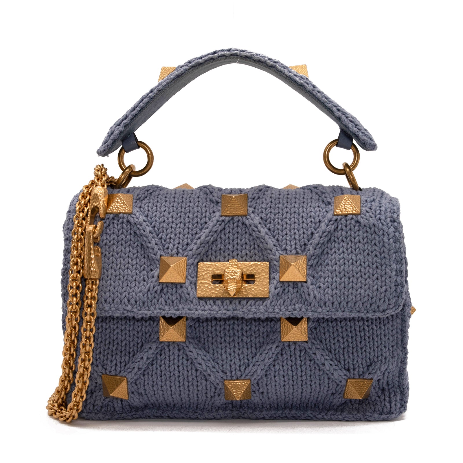 Valentino Roman Stud Knit Cotton Shoulder Bag Blue