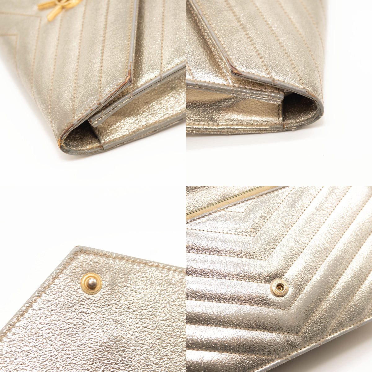 Saint Laurent Grain De Poudre Matelasse Chevron Monogram Envelope Chain Wallet Gold