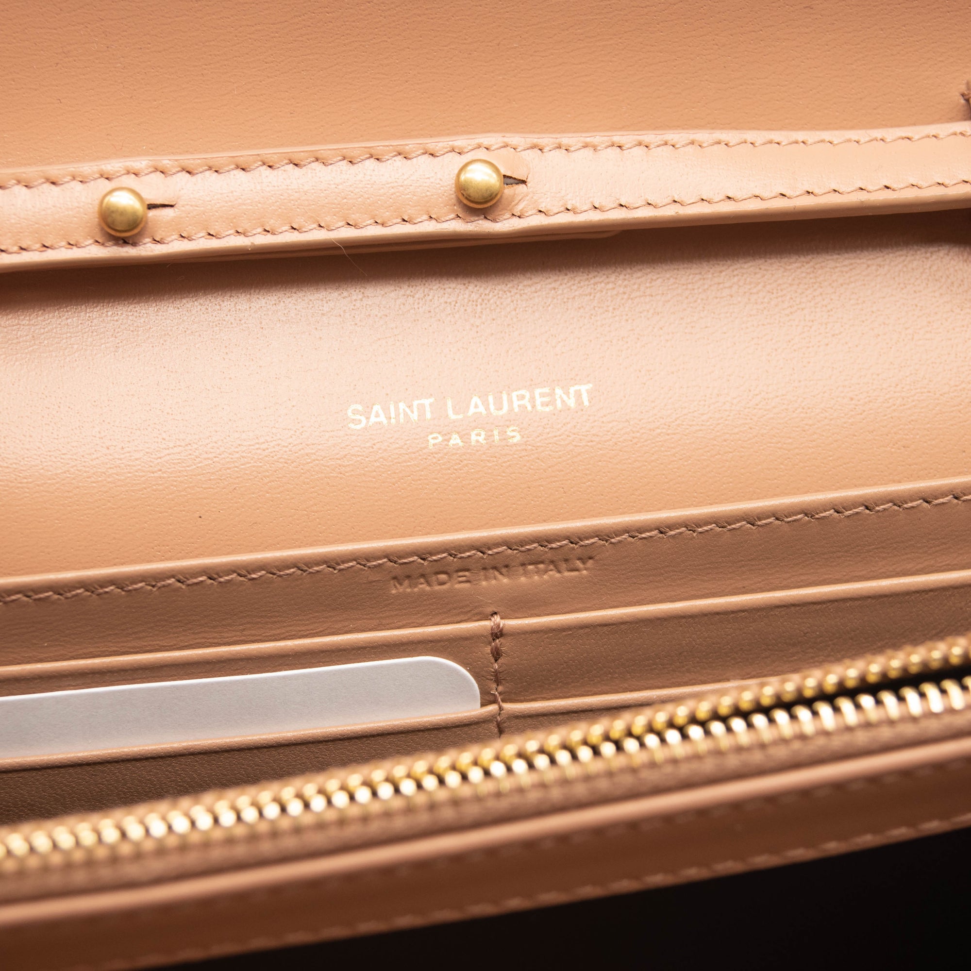 Saint Laurent Glossy Calfskin Monogram Chain Wallet Dark Beige