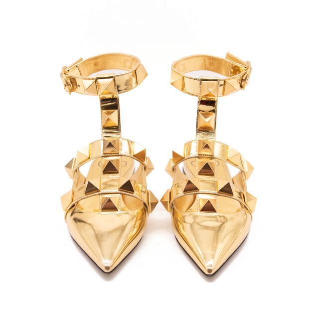 Valentino Gold Roman Ankle Strap Pointed Toe Brass Flats