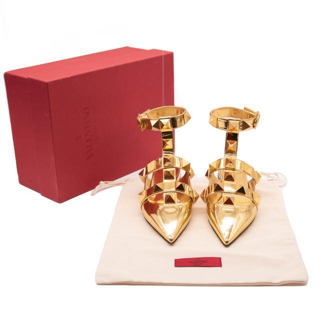 Valentino Gold Roman Ankle Strap Pointed Toe Brass Flats