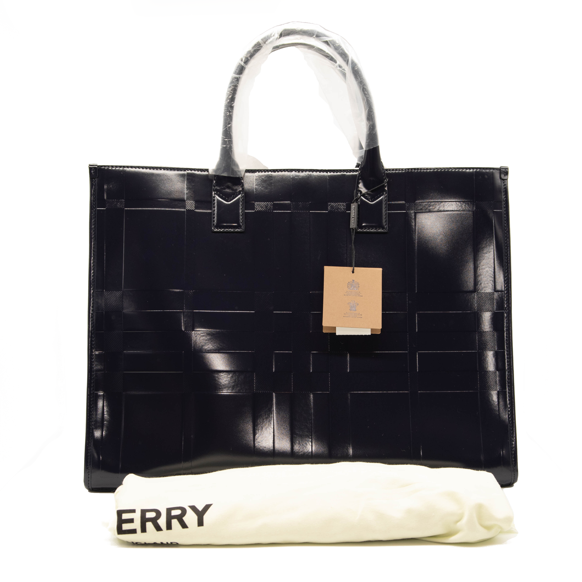 Burberry Denny Embossed Check Leather Tote Blue Patent