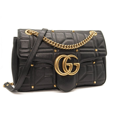 Gucci Calfskin Matelasse Studded Medium GG Marmont Shoulder Bag Black