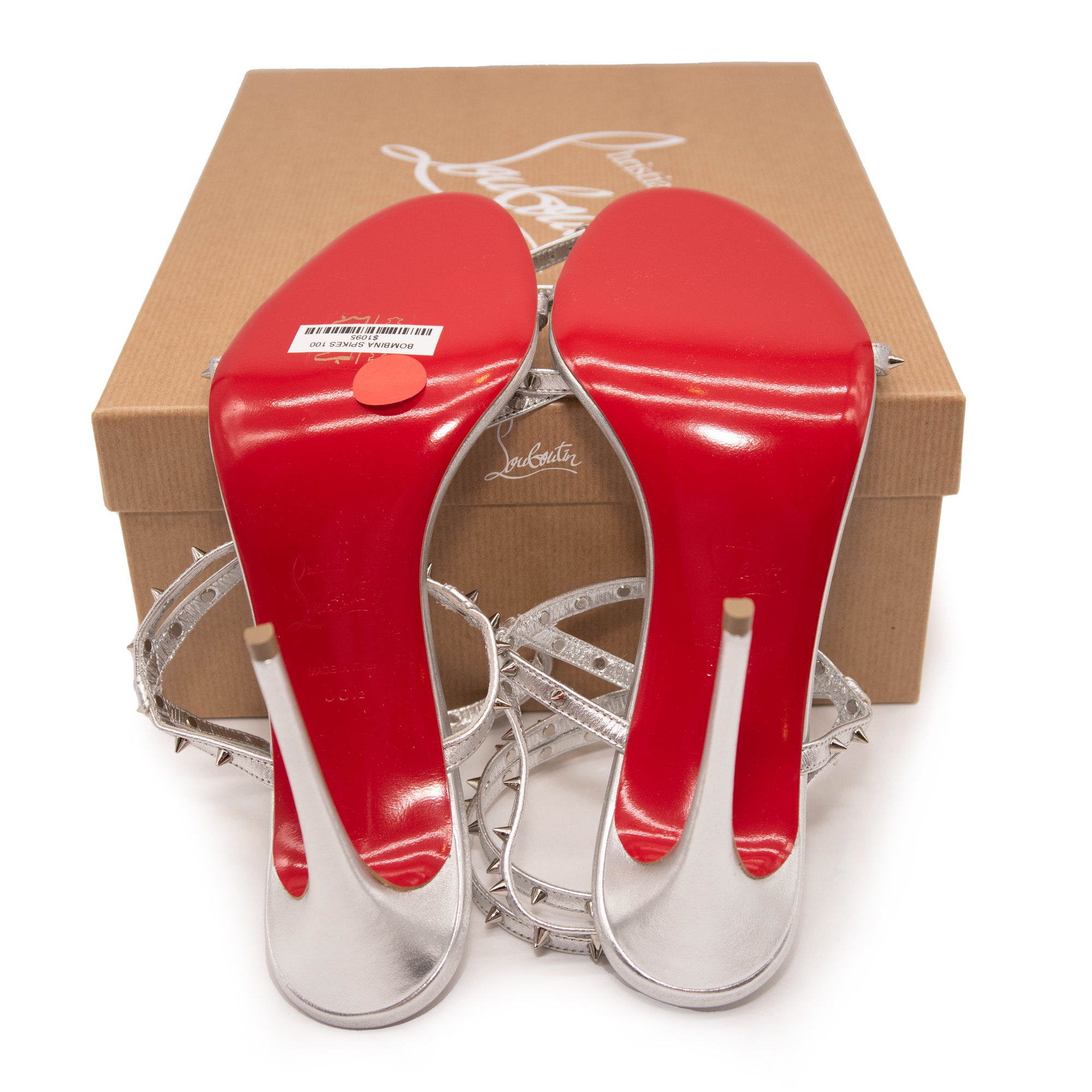 NEW $1095 Christian Louboutin Bombina Spikes Metallic Sandal in Silver 95mm EU 38.5
