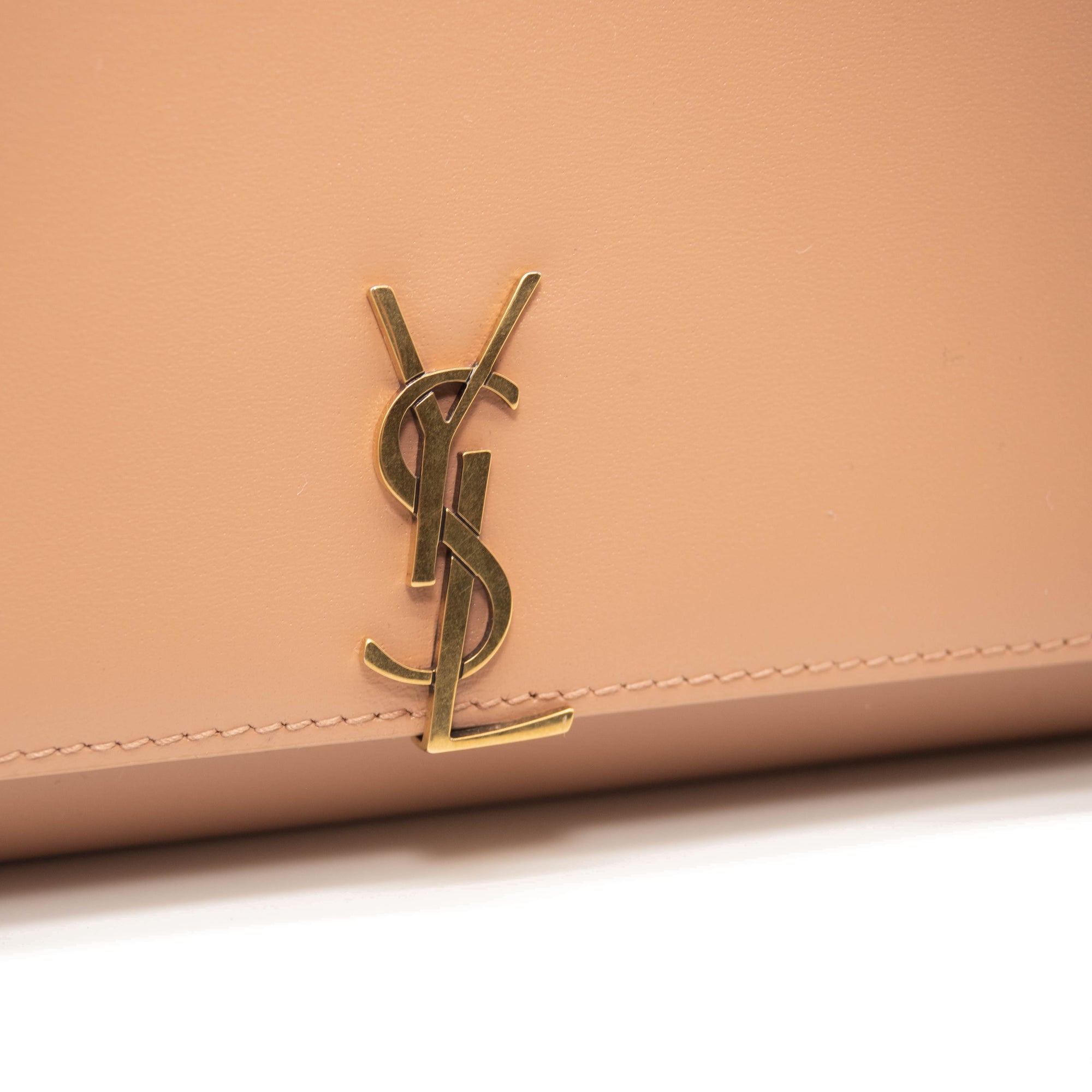 Saint Laurent Glossy Calfskin Monogram Chain Wallet Dark Beige