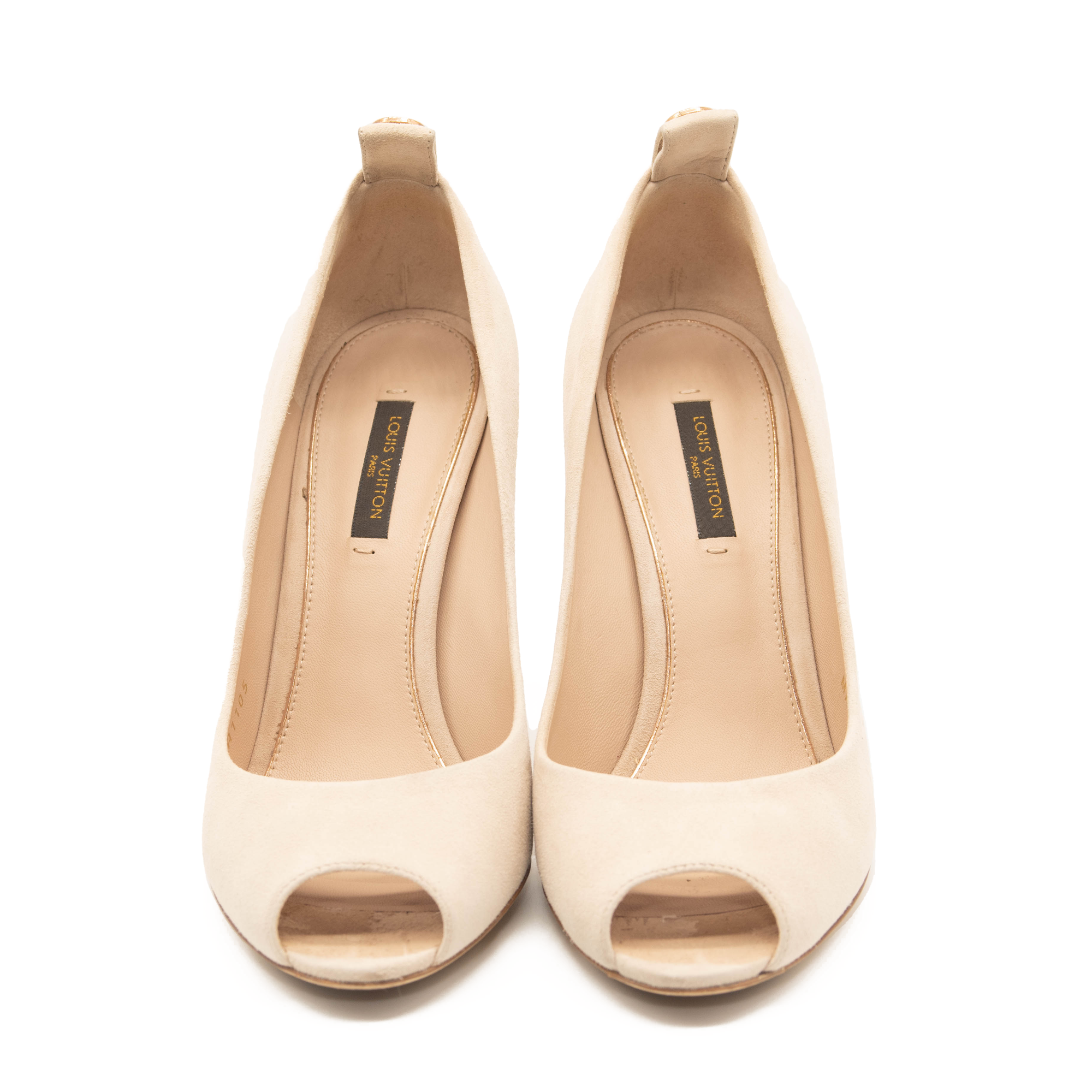 Louis Vuitton Peep Toe Suede Pumps Eyeline 37.5 Gold Heel