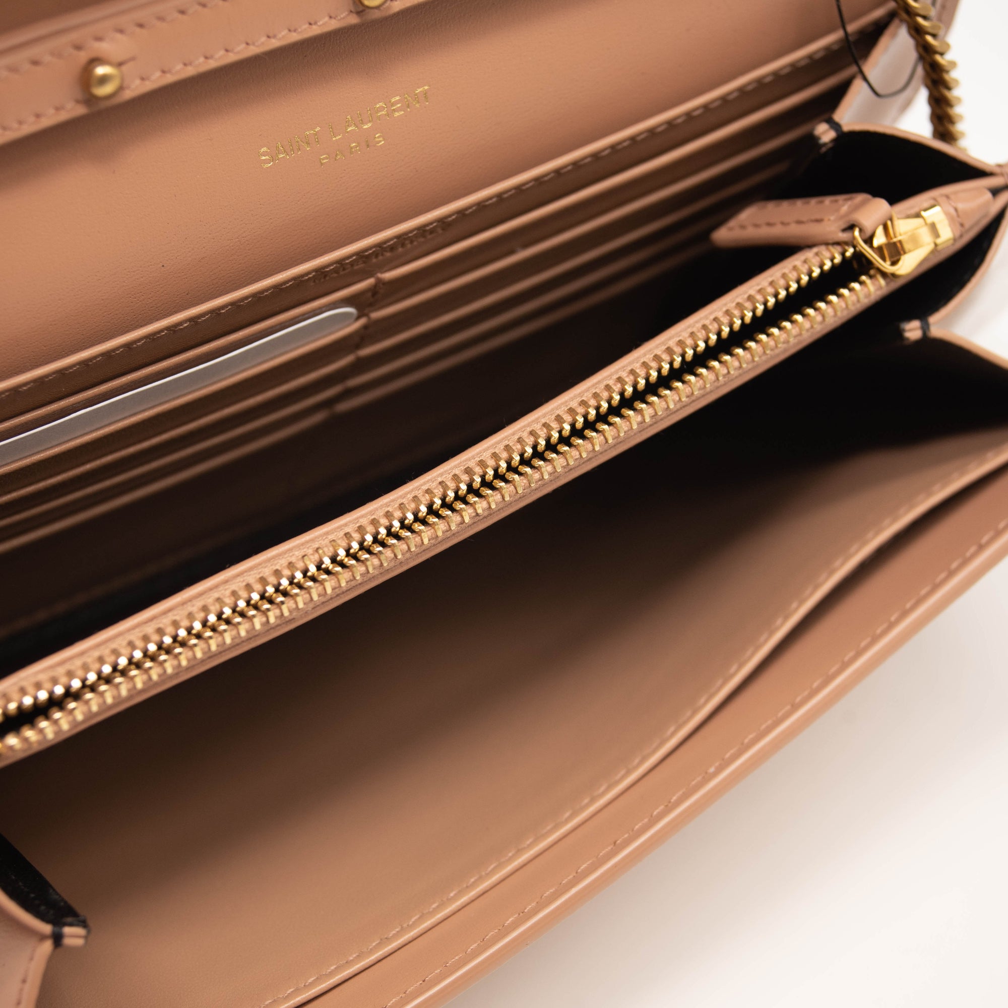 Saint Laurent Glossy Calfskin Monogram Chain Wallet Dark Beige