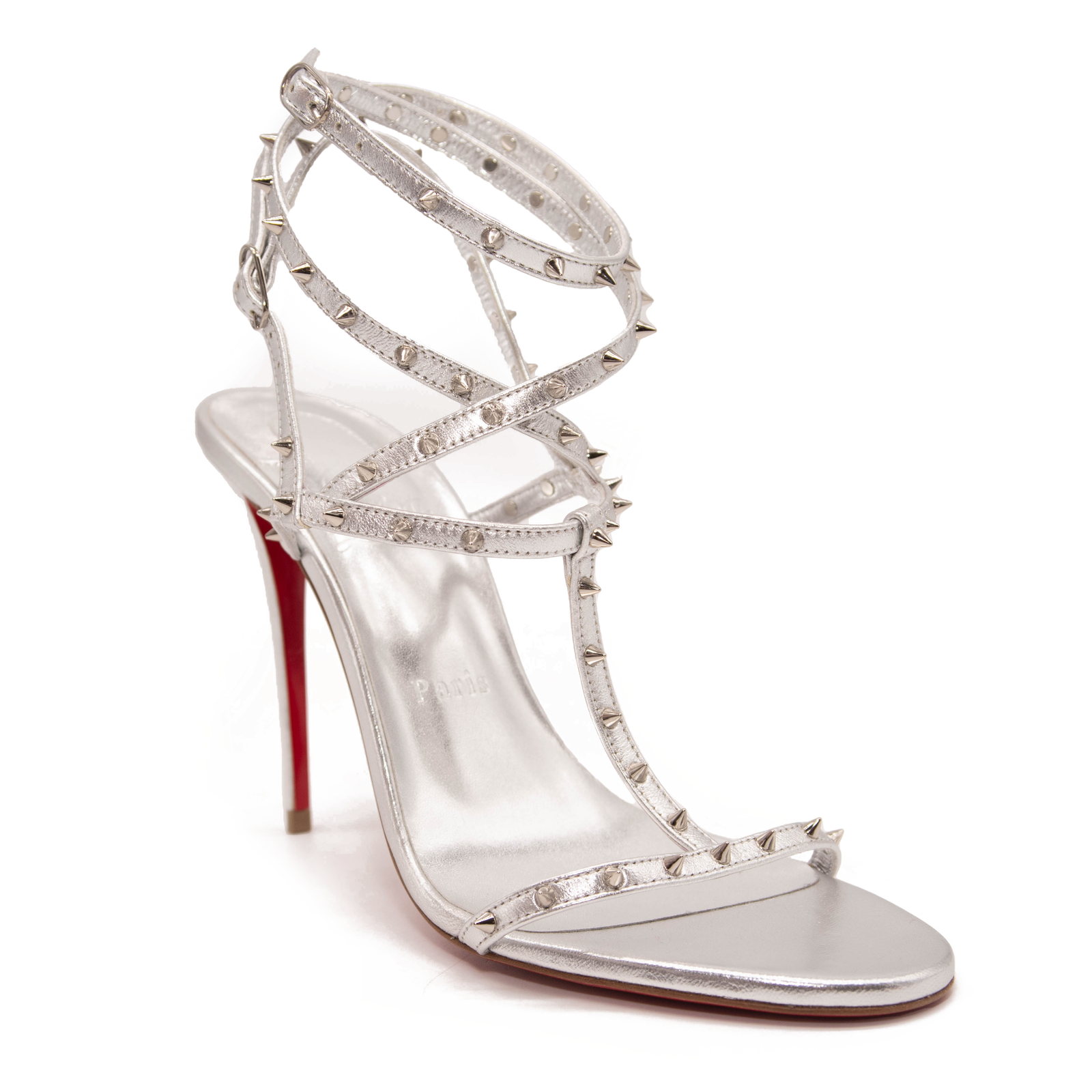 NEW $1095 Christian Louboutin Bombina Spikes Metallic Sandal in Silver 95mm EU 38.5