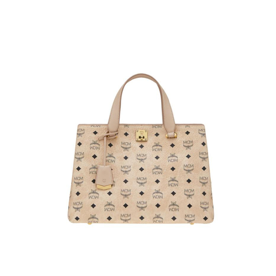 MCM Large Klara Visetos Diamond Hobo Shopper Crossbody Beige Coated Canvas