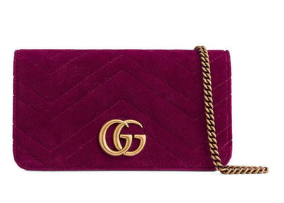 Gucci Chain Wallet Marmont Mini Macro Fuschia Pink Velvet Cross Body Bag