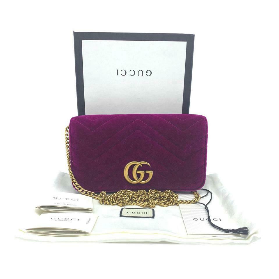 Gucci Chain Wallet Marmont Mini Macro Fuschia Pink Velvet Cross Body Bag