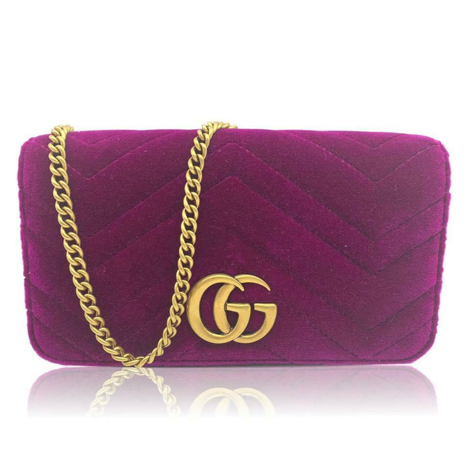 Gucci Chain Wallet Marmont Mini Macro Fuschia Pink Velvet Cross Body Bag