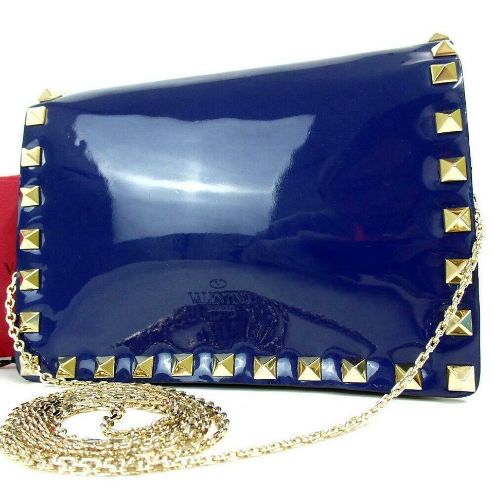Valentino Rockstud Chain Blue Patent Leather Cross Body Bag