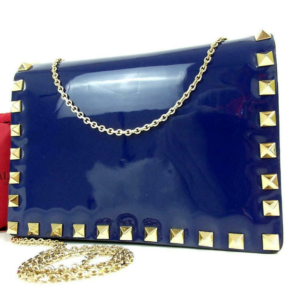Valentino Rockstud Chain Blue Patent Leather Cross Body Bag