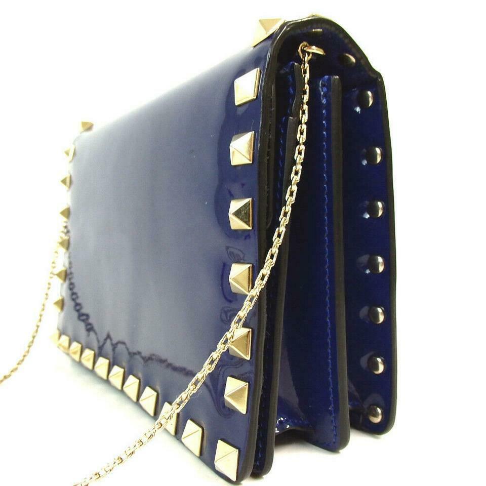 Valentino Rockstud Chain Blue Patent Leather Cross Body Bag