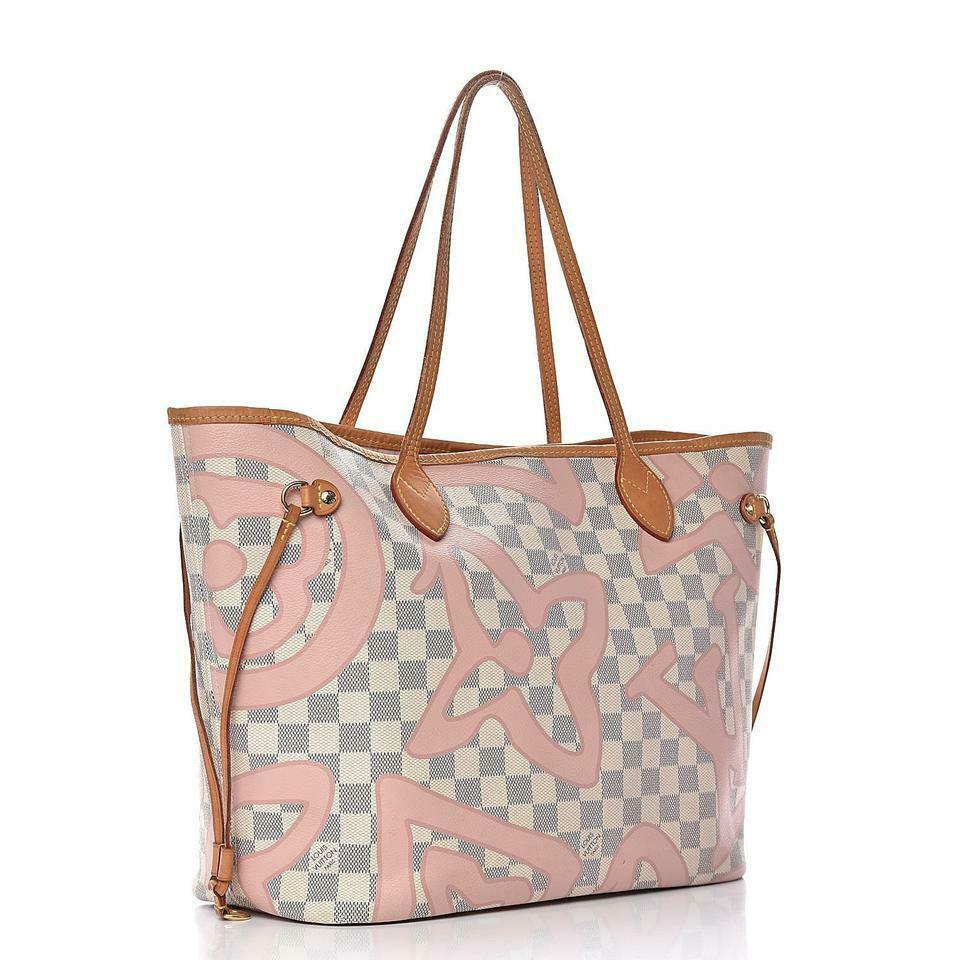 Louis Vuitton Neverfull Damier Azur Tahitienne Mm White Cotton Canvas Tote