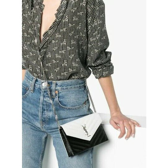 Saint Laurent Envelope Chain Wallet White Monogram Quilted Black Leather Cross Body Bag