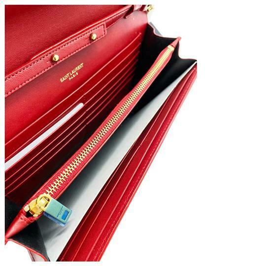 Saint Laurent Monogram Kate Chain Wallet Medium Envelope Red Patent Leather Cross Body Bag