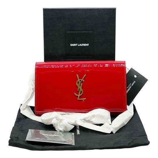 Saint Laurent Monogram Kate Chain Wallet Medium Envelope Red Patent Leather Cross Body Bag