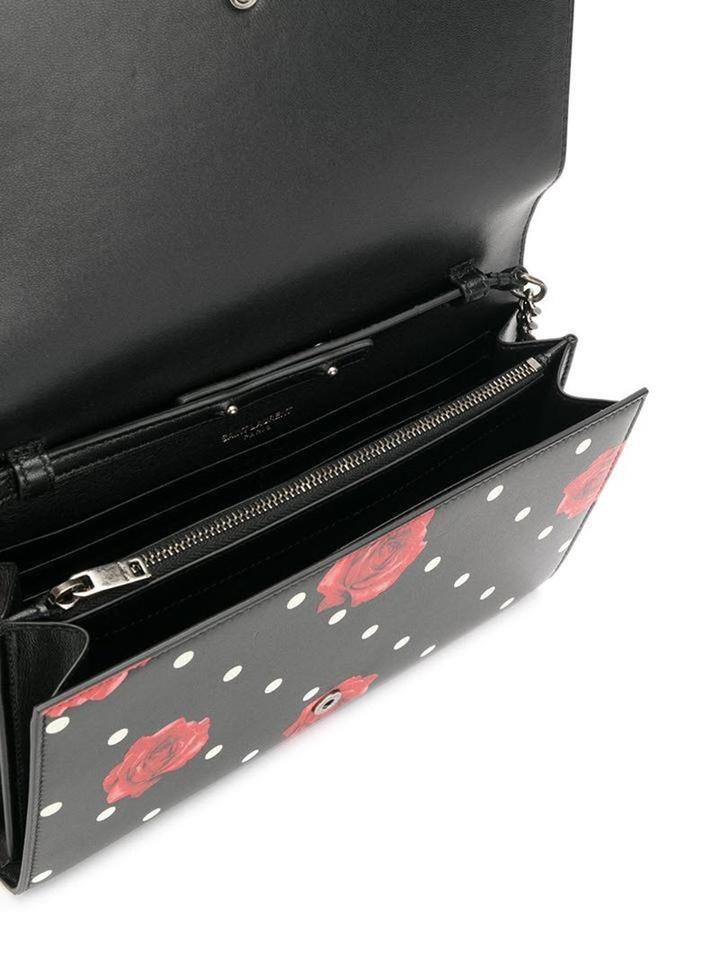 Saint Laurent Chain Wallet Monogram Kate Polka Dot Rose Medium Black Calfskin