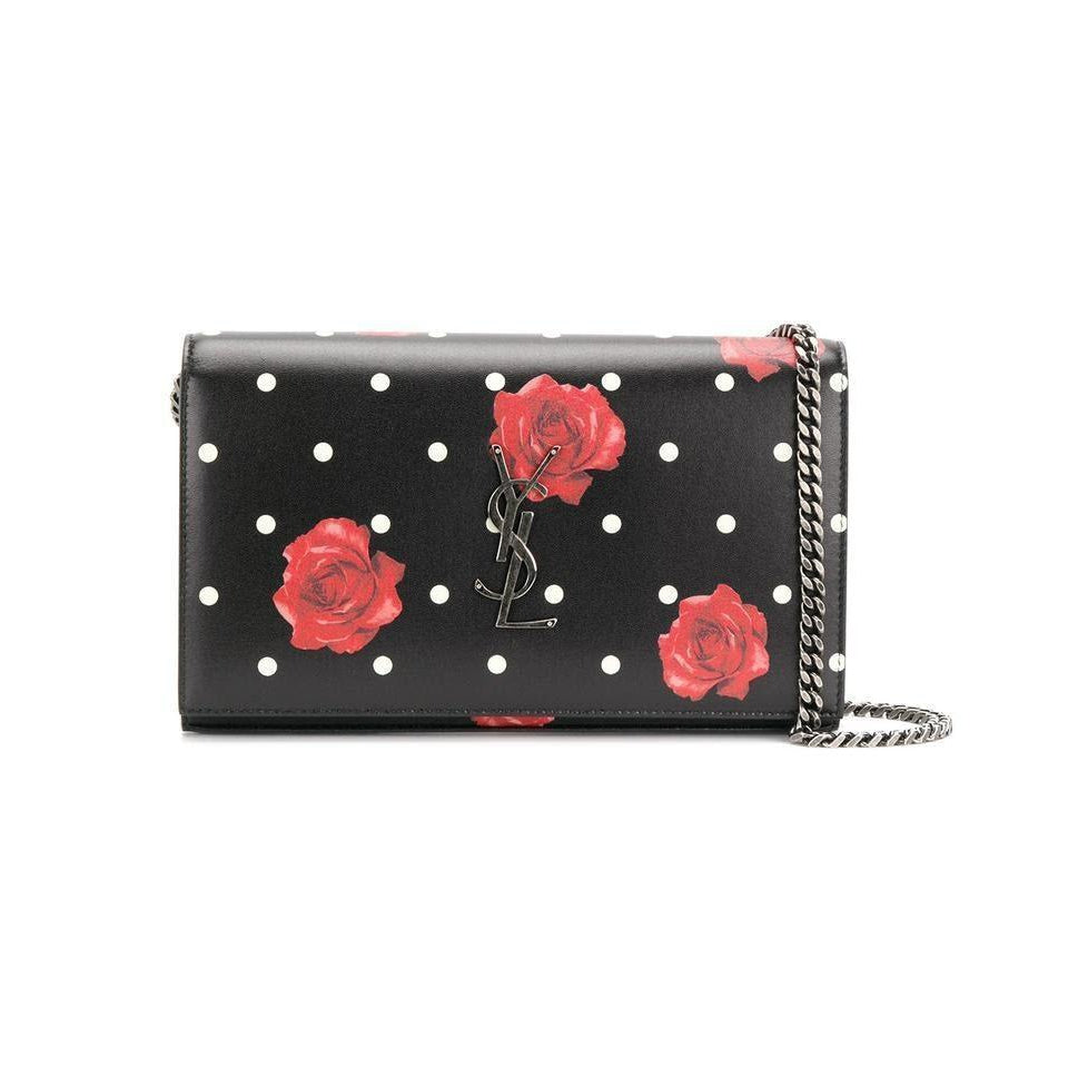 Saint Laurent Chain Wallet Monogram Kate Polka Dot Rose Medium Black Calfskin