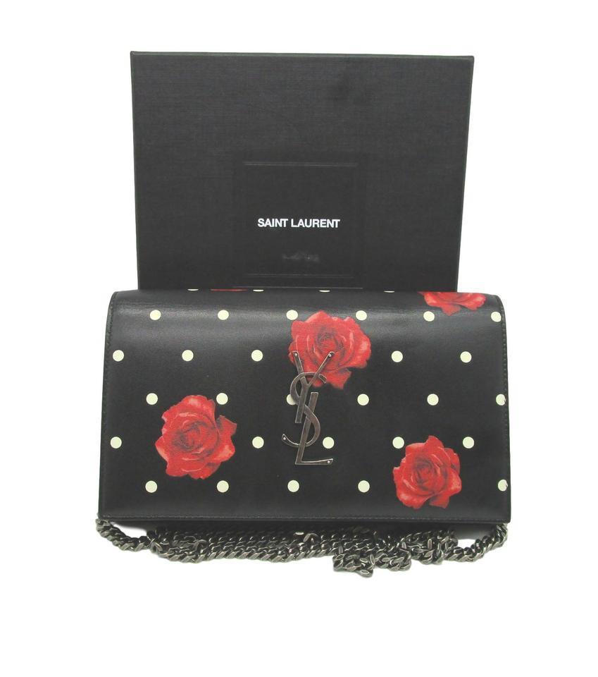 Saint Laurent Chain Wallet Monogram Kate Polka Dot Rose Medium Black Calfskin
