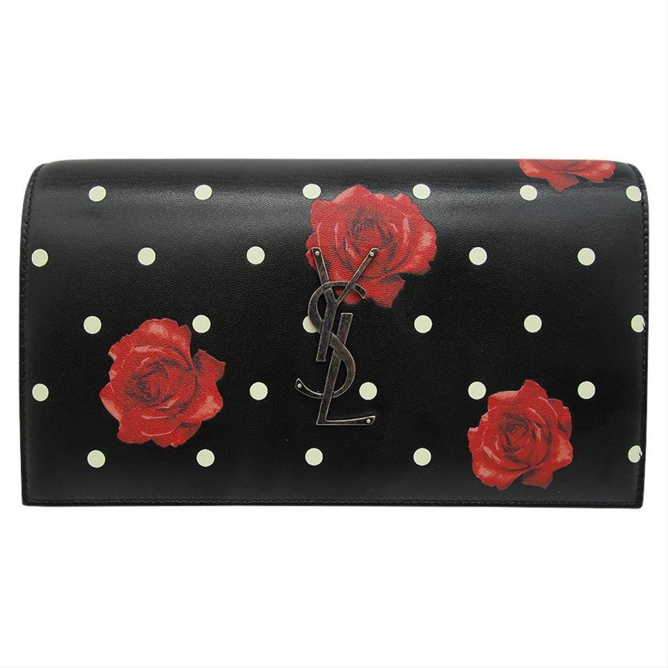 Saint Laurent Chain Wallet Monogram Kate Polka Dot Rose Medium Black Calfskin