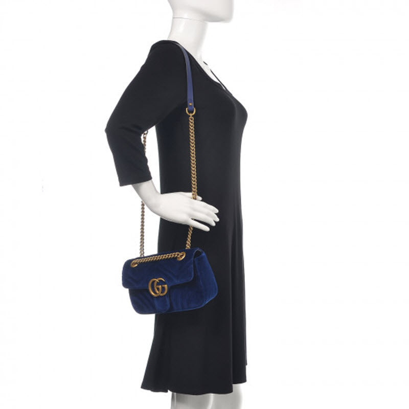 Gucci Marmont Mini Chain Cobalt Blue Velvet Shoulder Bag