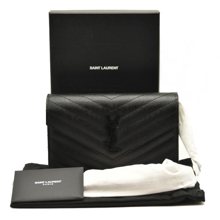 NEW SAINT LAURENT Grain De Poudre Matelasse Chevron Monogram Chain Wallet Black Noir