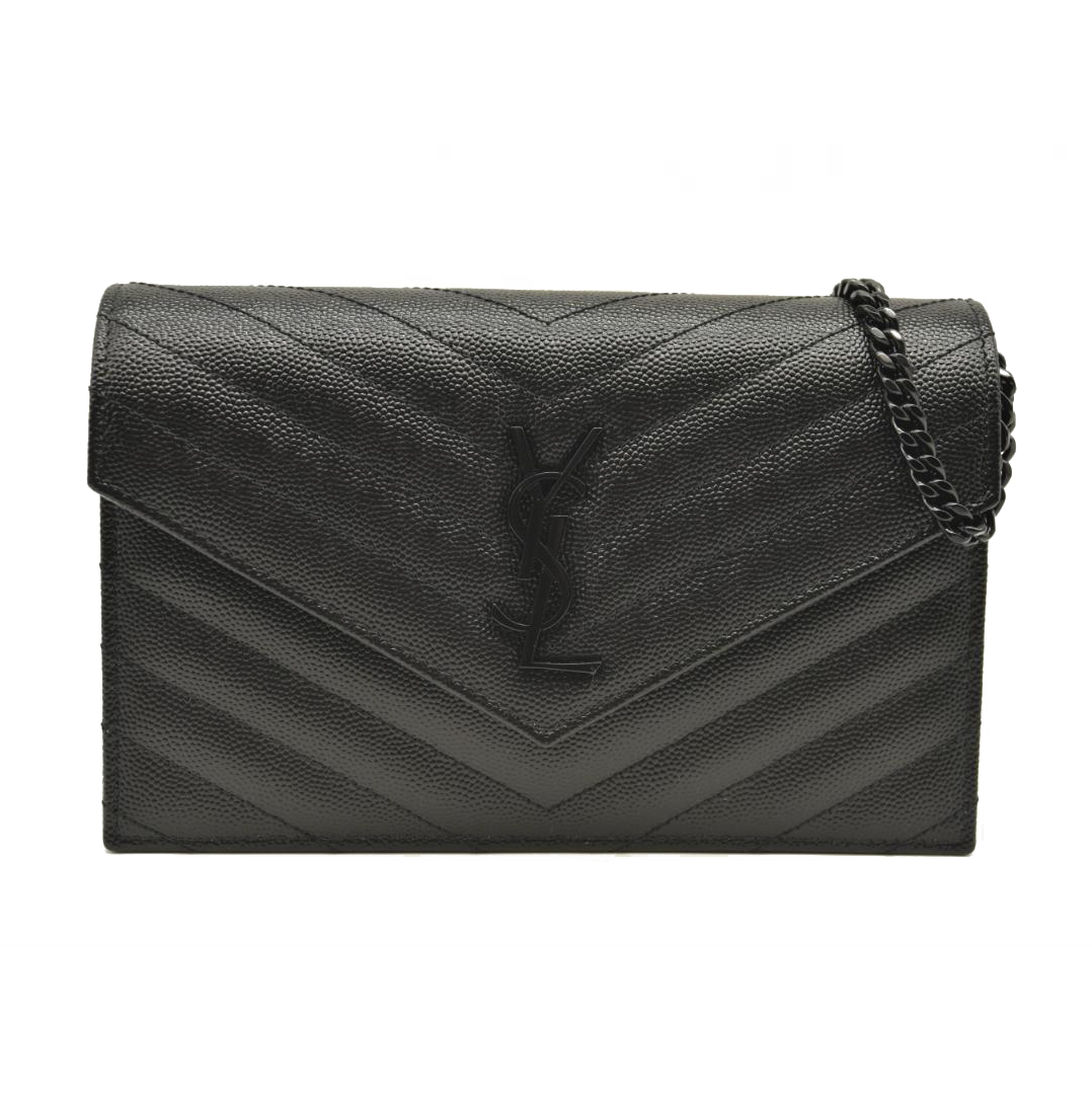 NEW SAINT LAURENT Grain De Poudre Matelasse Chevron Monogram Chain Wallet Black Noir