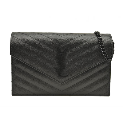 NEW SAINT LAURENT Grain De Poudre Matelasse Chevron Monogram Chain Wallet Black Noir