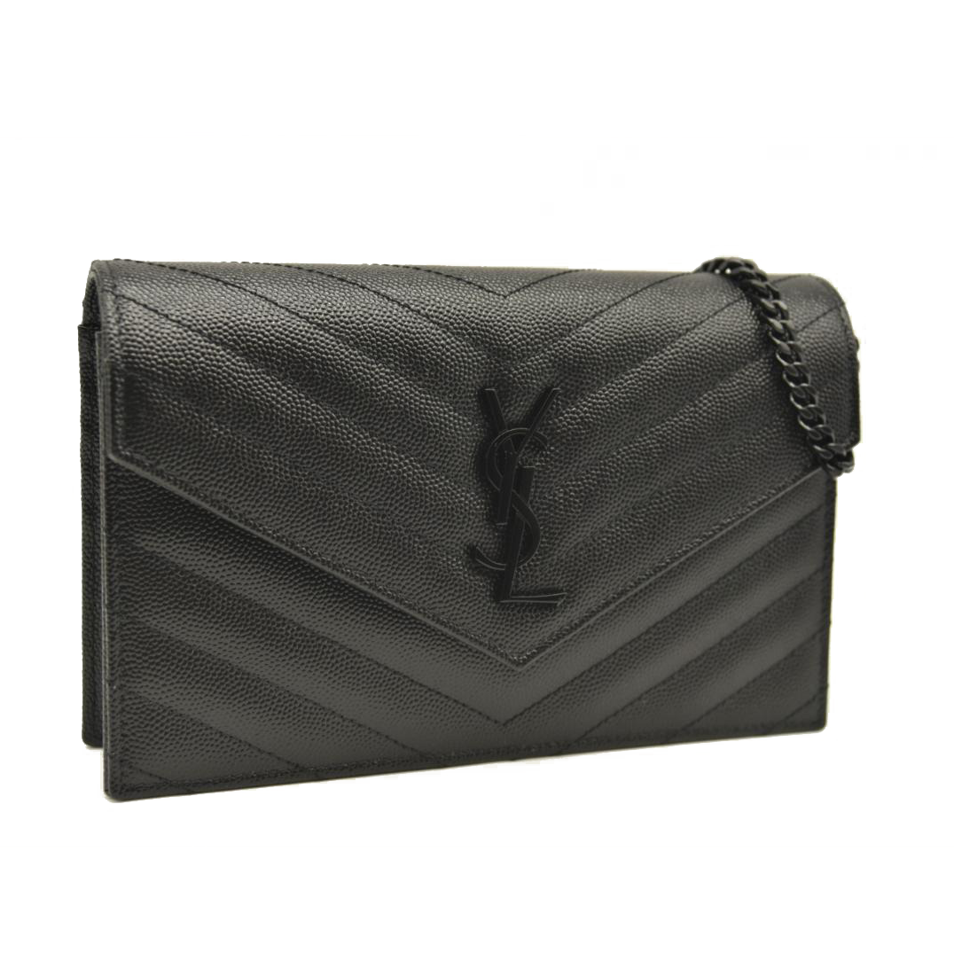 NEW SAINT LAURENT Grain De Poudre Matelasse Chevron Monogram Chain Wallet Black Noir